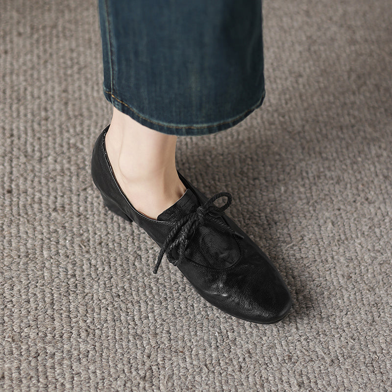 Artisanal Pointed Toe Leather Shoes - Sheepskin Lace-Up Pumps - Stable Mid-Heel Professional Footwear