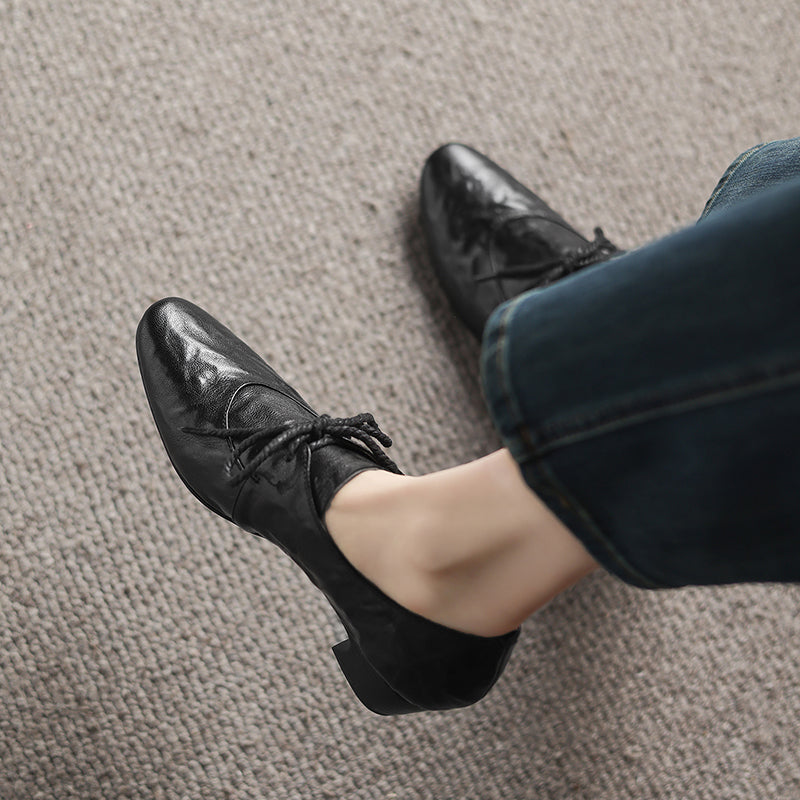 Artisanal Pointed Toe Leather Shoes - Sheepskin Lace-Up Pumps - Stable Mid-Heel Professional Footwear