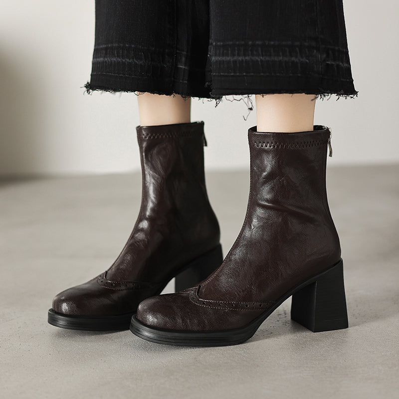 Women's Retro Leather Brogue Boots Vintage Round Toe Block High Heel Ankle Booties