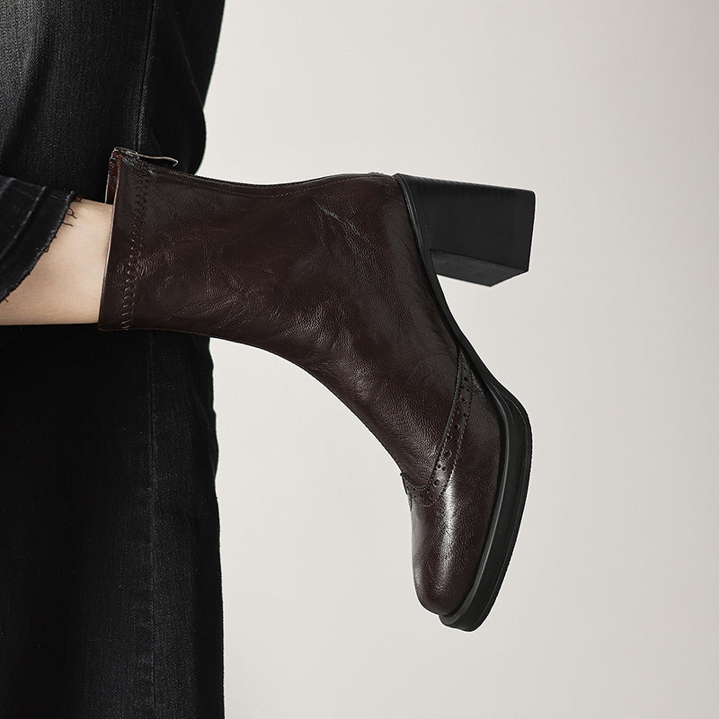 Women's Retro Leather Brogue Boots Vintage Round Toe Block High Heel Ankle Booties