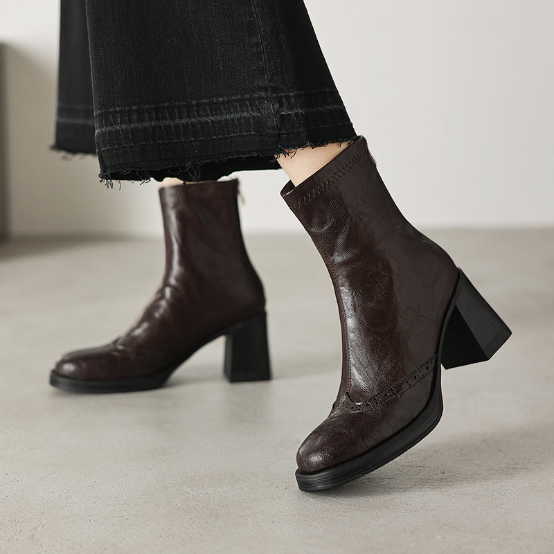 Women's Retro Leather Brogue Boots Vintage Round Toe Block High Heel Ankle Booties
