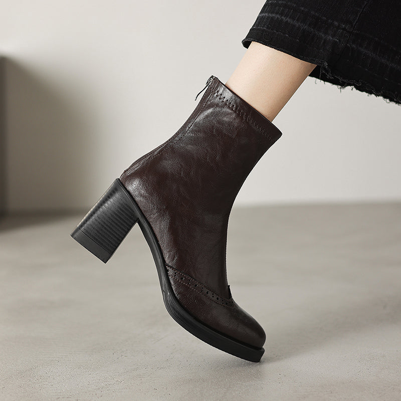 Women's Retro Leather Brogue Boots Vintage Round Toe Block High Heel Ankle Booties