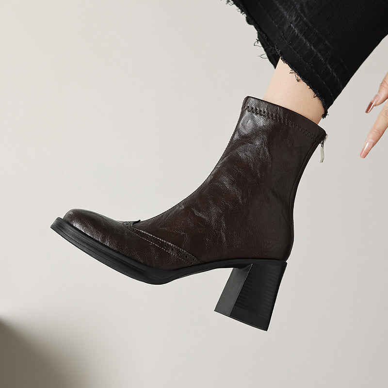 Women's Retro Leather Brogue Boots Vintage Round Toe Block High Heel Ankle Booties