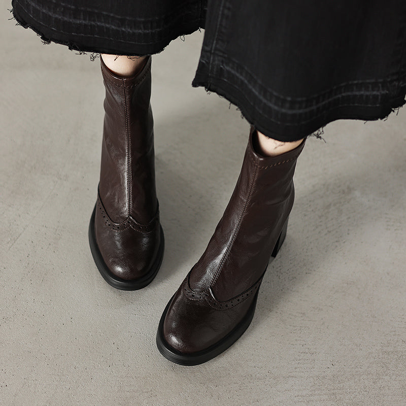 Women's Retro Leather Brogue Boots Vintage Round Toe Block High Heel Ankle Booties