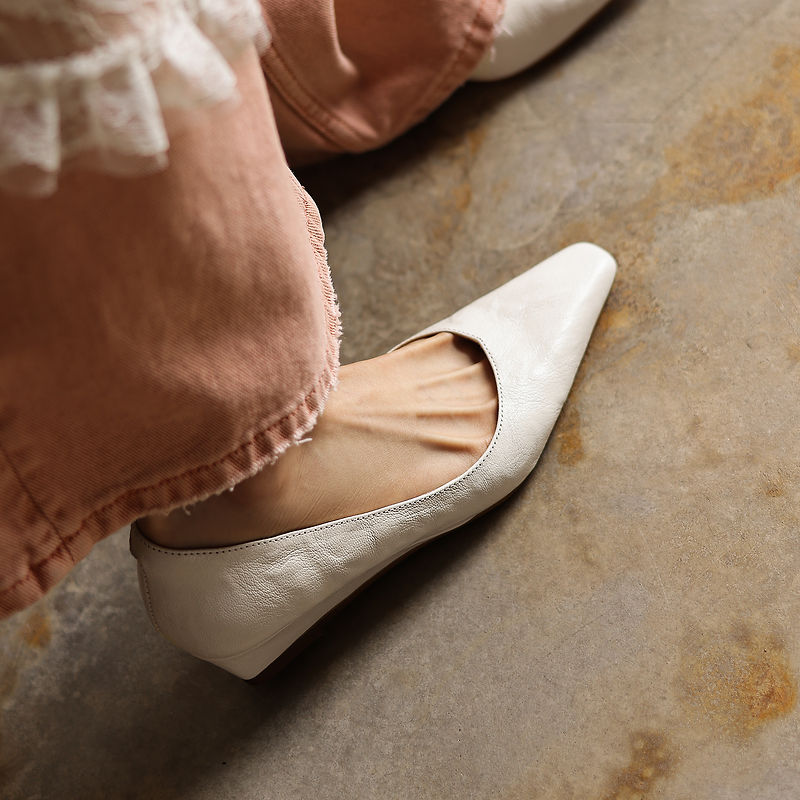 Women's Soft Sheepskin Low Wedge Pumps Square Toe Slip-on Comfort Dress Shoes
