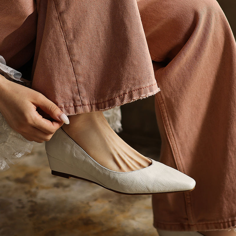 Women's Soft Sheepskin Low Wedge Pumps Square Toe Slip-on Comfort Dress Shoes