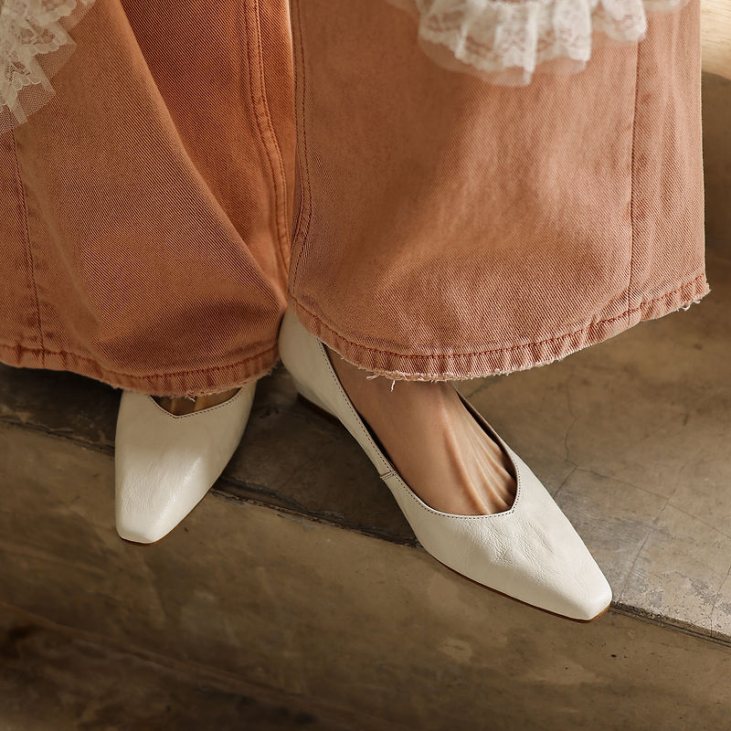 Women's Soft Sheepskin Low Wedge Pumps Square Toe Slip-on Comfort Dress Shoes