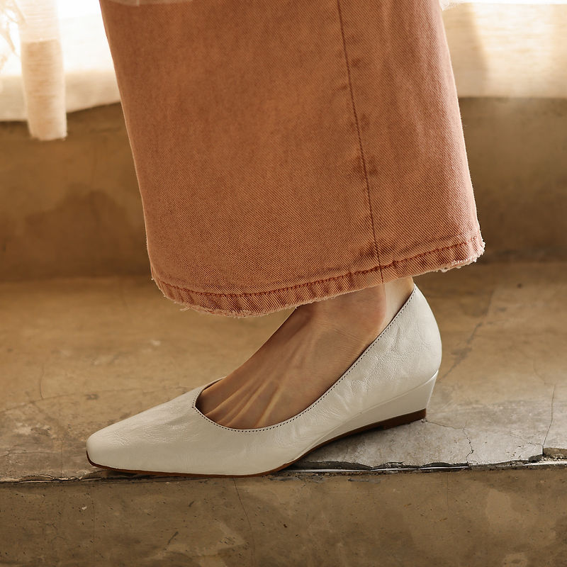 Women's Soft Sheepskin Low Wedge Pumps Square Toe Slip-on Comfort Dress Shoes