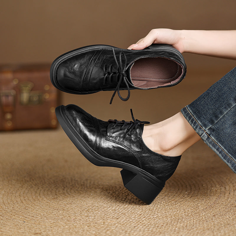 Women's Retro Sheepskin Oxfords Vintage Square Toe Lace-up Block Heel Pumps