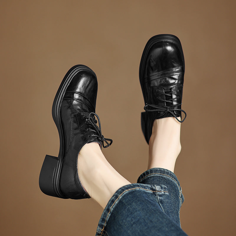 Women's Retro Sheepskin Oxfords Vintage Square Toe Lace-up Block Heel Pumps