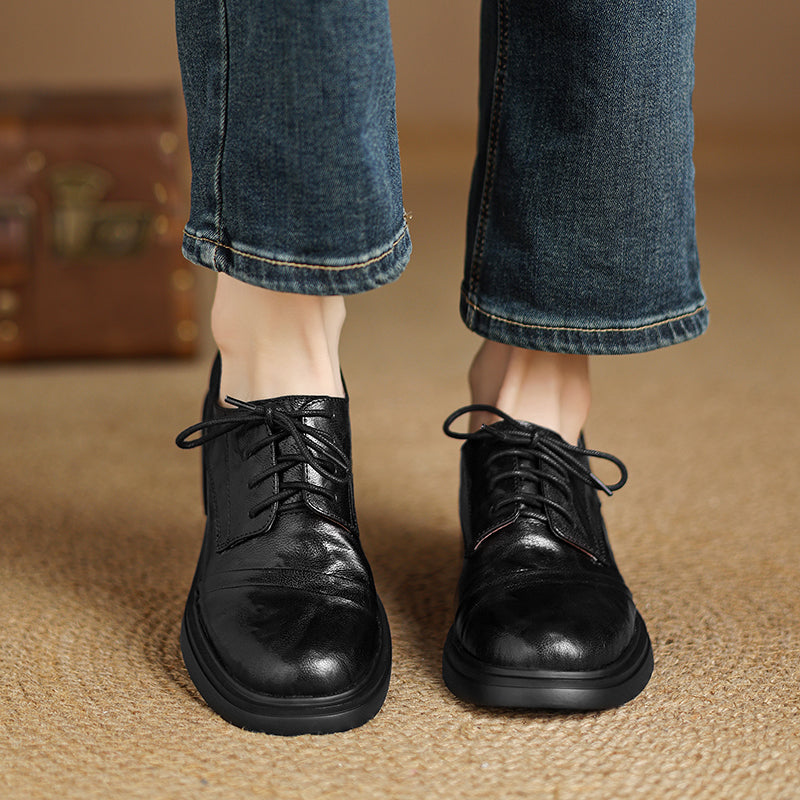 Women's Retro Sheepskin Oxfords Vintage Square Toe Lace-up Block Heel Pumps