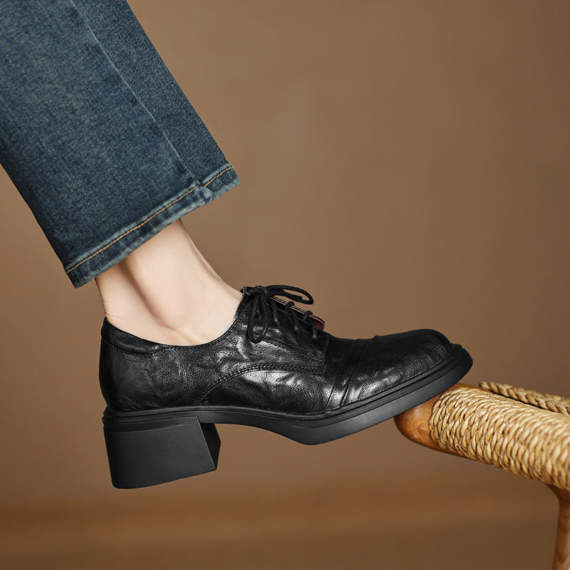 Women's Retro Sheepskin Oxfords Vintage Square Toe Lace-up Block Heel Pumps