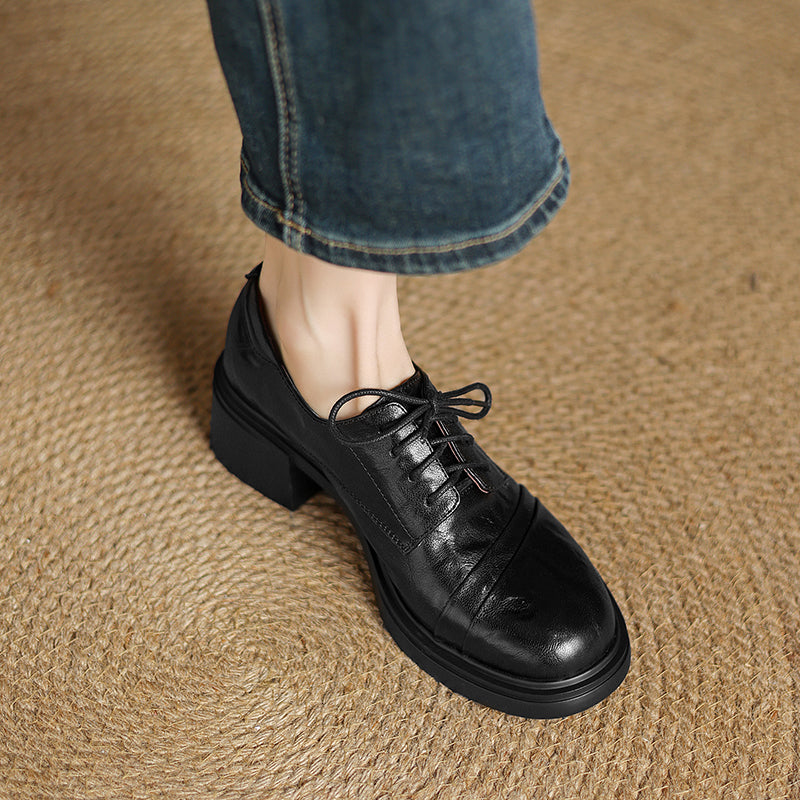 Women's Retro Sheepskin Oxfords Vintage Square Toe Lace-up Block Heel Pumps
