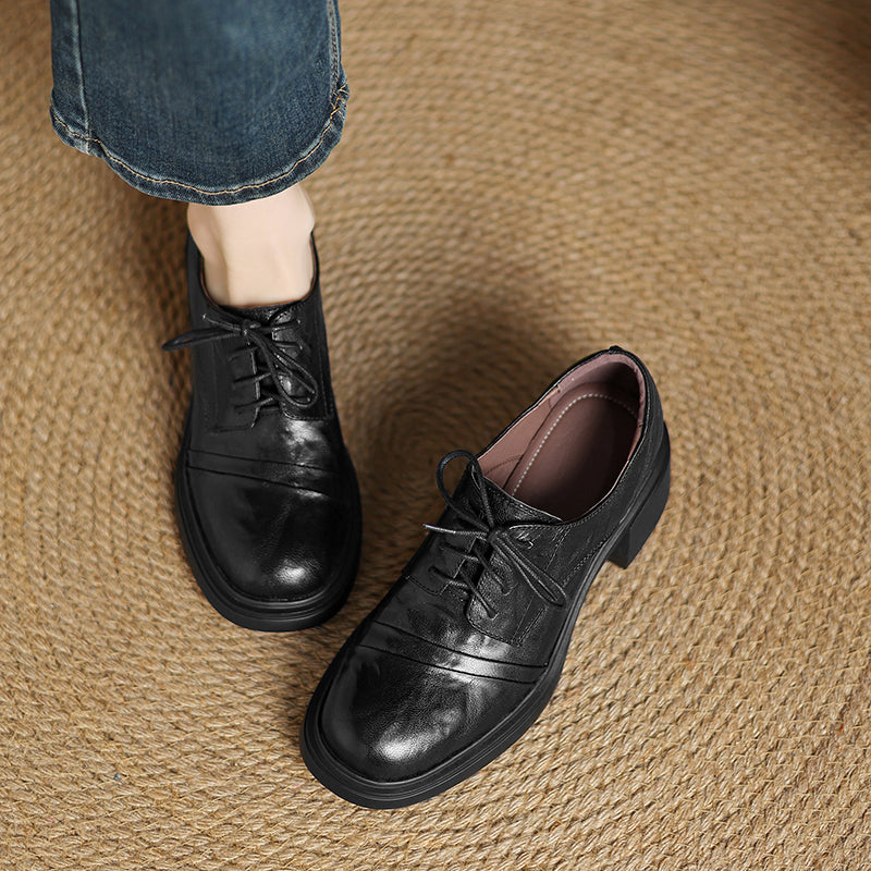 Women's Retro Sheepskin Oxfords Vintage Square Toe Lace-up Block Heel Pumps