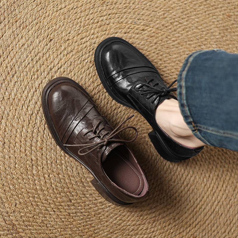 Women's Retro Sheepskin Oxfords Vintage Square Toe Lace-up Block Heel Pumps