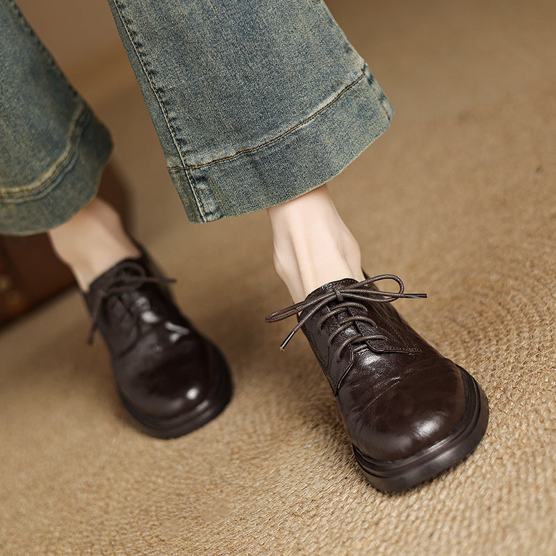 Women's Retro Sheepskin Oxfords Vintage Square Toe Lace-up Block Heel Pumps