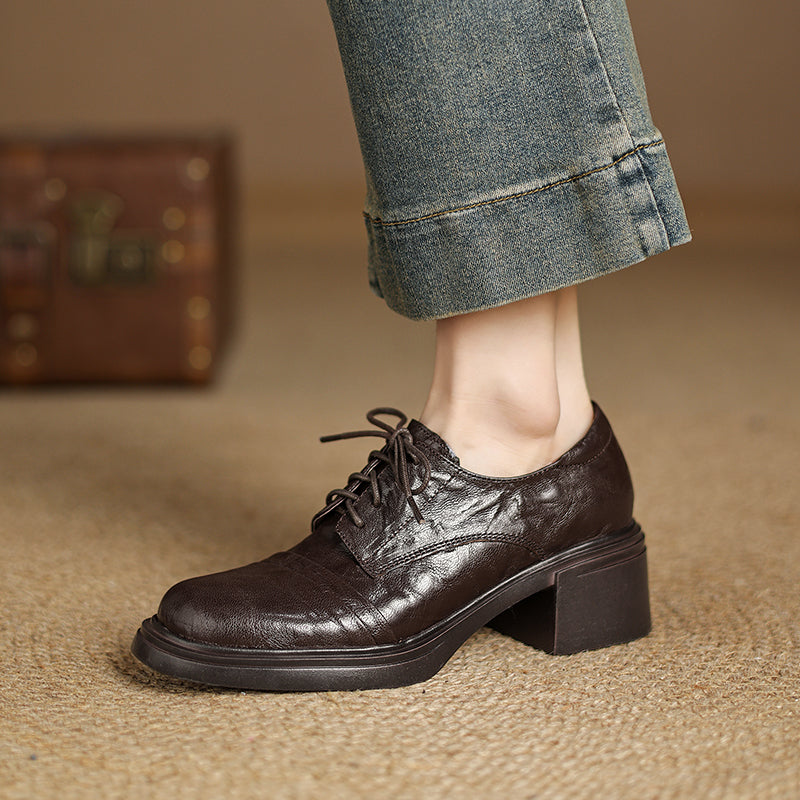 Women's Retro Sheepskin Oxfords Vintage Square Toe Lace-up Block Heel Pumps