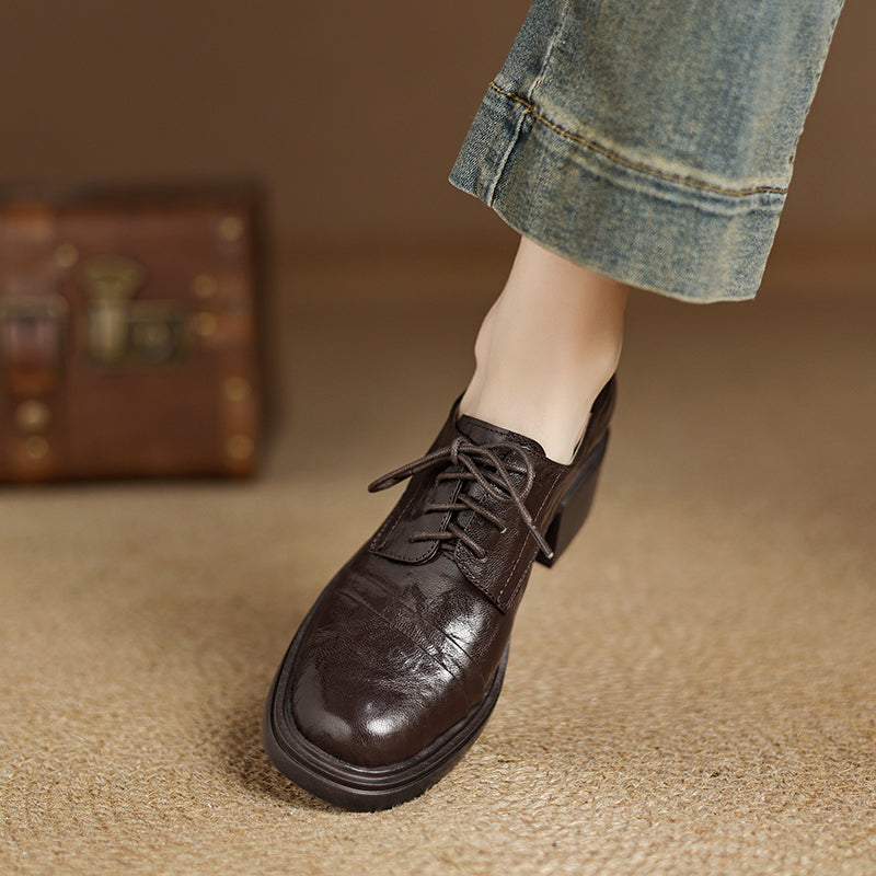 Women's Retro Sheepskin Oxfords Vintage Square Toe Lace-up Block Heel Pumps
