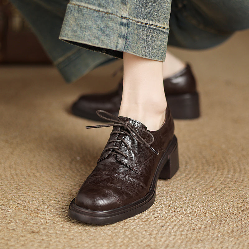 Women's Retro Sheepskin Oxfords Vintage Square Toe Lace-up Block Heel Pumps