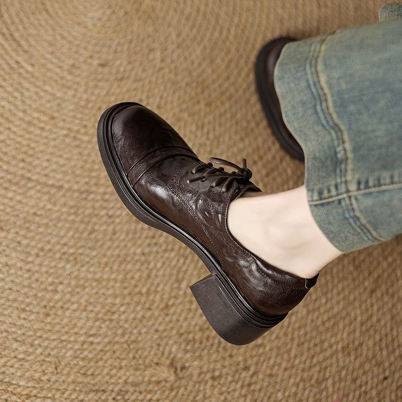 Women's Retro Sheepskin Oxfords Vintage Square Toe Lace-up Block Heel Pumps