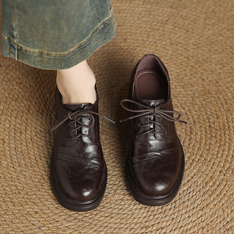 Women's Retro Sheepskin Oxfords Vintage Square Toe Lace-up Block Heel Pumps