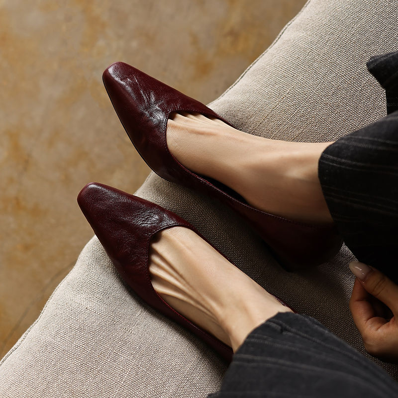 Women's Soft Sheepskin Low Wedge Pumps Square Toe Slip-on Comfort Dress Shoes