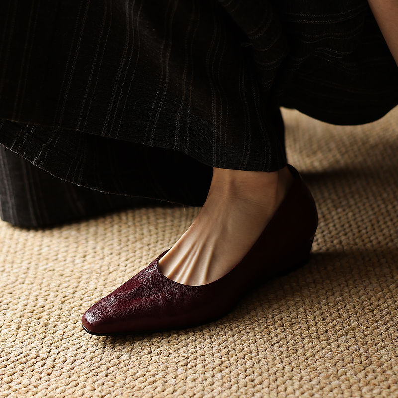 Women's Soft Sheepskin Low Wedge Pumps Square Toe Slip-on Comfort Dress Shoes