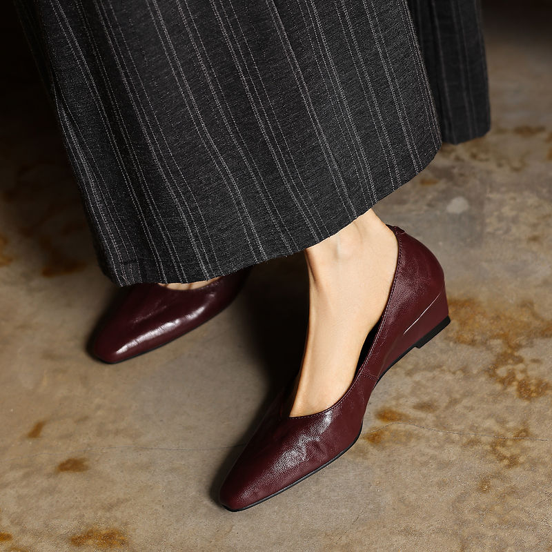 Women's Soft Sheepskin Low Wedge Pumps Square Toe Slip-on Comfort Dress Shoes