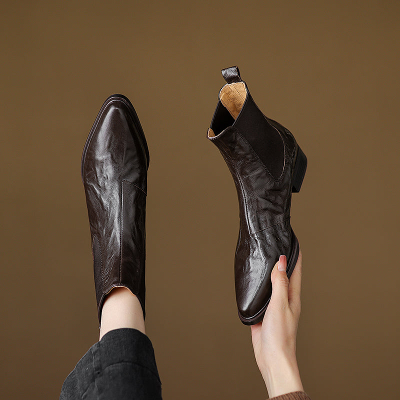 Women's Wrinkled Leather Chelsea Boots Pointed Toe Soft Sheepskin Elastic Slip-on Ankle Booties