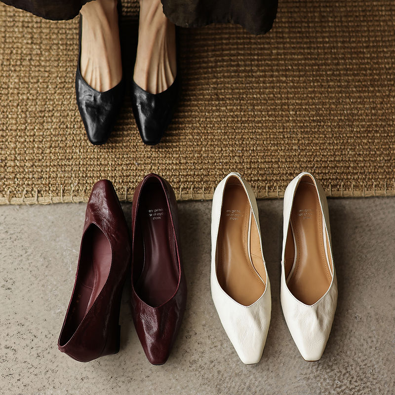 Women's Soft Sheepskin Low Wedge Pumps Square Toe Slip-on Comfort Dress Shoes