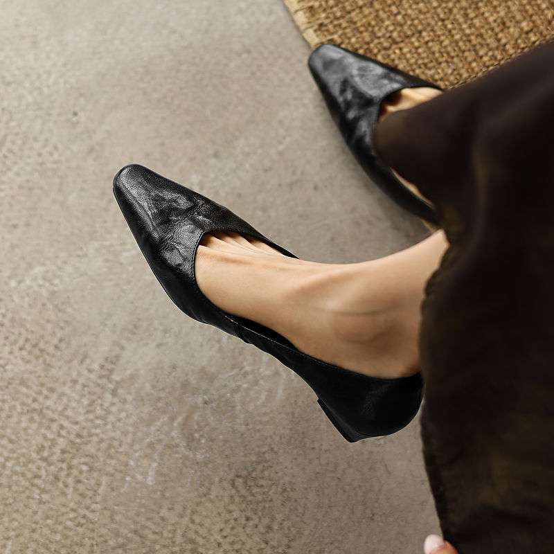 Women's Soft Sheepskin Low Wedge Pumps Square Toe Slip-on Comfort Dress Shoes