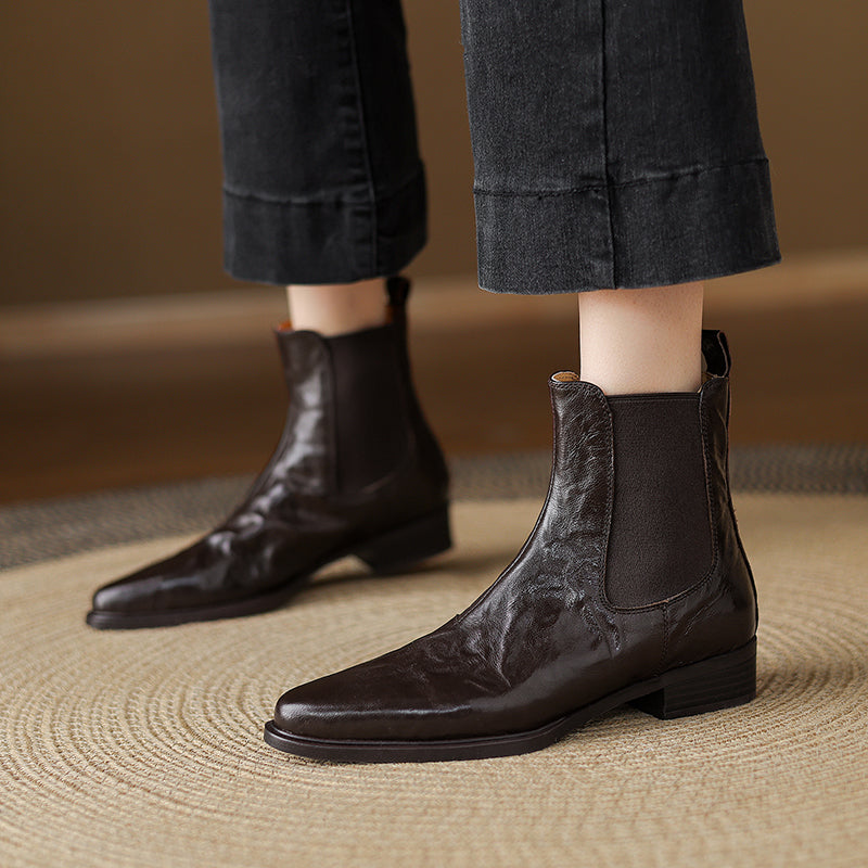 Women's Wrinkled Leather Chelsea Boots Pointed Toe Soft Sheepskin Elastic Slip-on Ankle Booties
