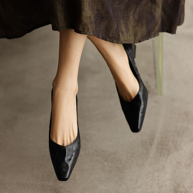 Women's Soft Sheepskin Low Wedge Pumps Square Toe Slip-on Comfort Dress Shoes