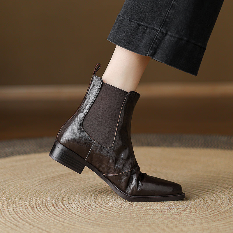Women's Wrinkled Leather Chelsea Boots Pointed Toe Soft Sheepskin Elastic Slip-on Ankle Booties