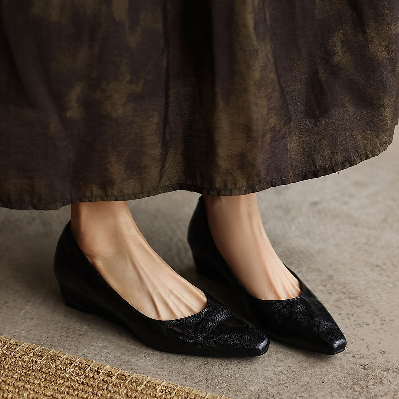 Women's Soft Sheepskin Low Wedge Pumps Square Toe Slip-on Comfort Dress Shoes