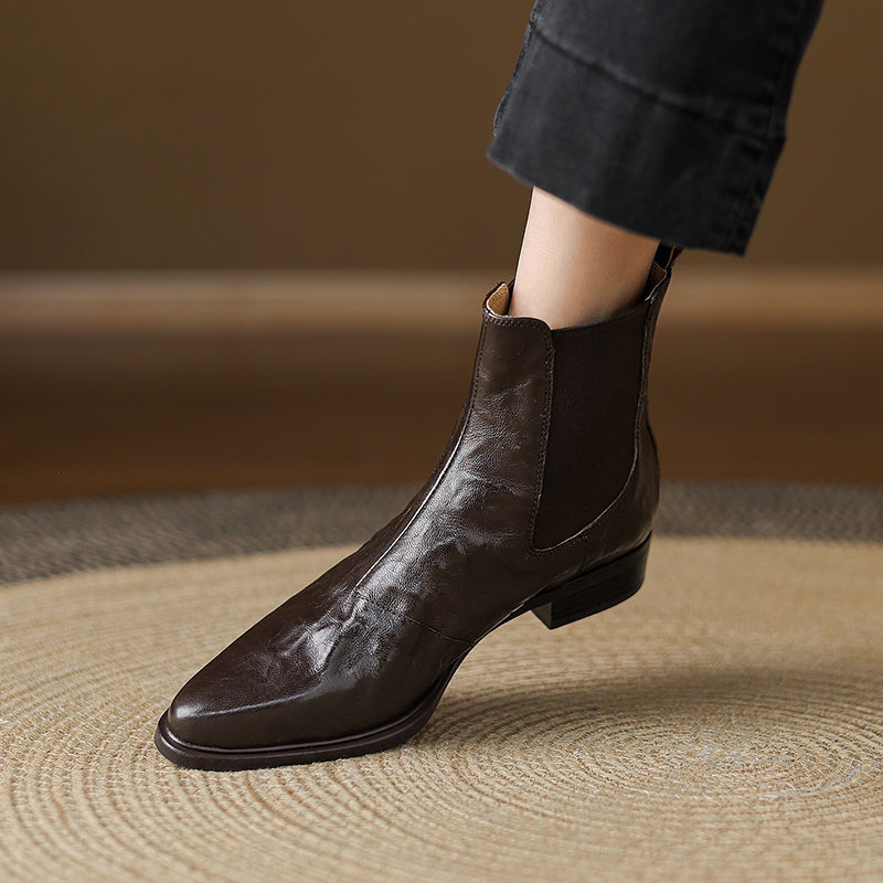 Women's Wrinkled Leather Chelsea Boots Pointed Toe Soft Sheepskin Elastic Slip-on Ankle Booties