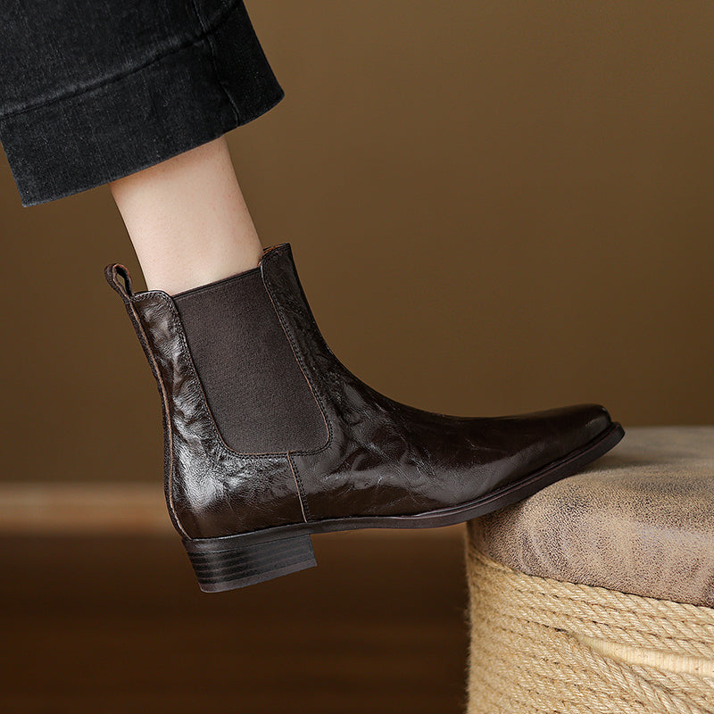 Women's Wrinkled Leather Chelsea Boots Pointed Toe Soft Sheepskin Elastic Slip-on Ankle Booties