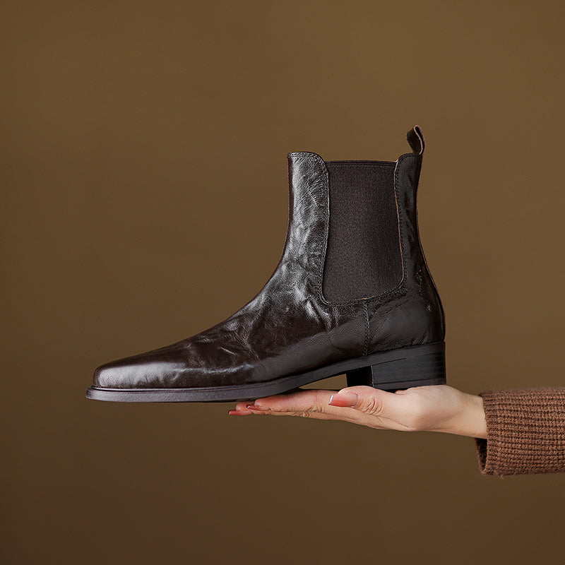 Women's Wrinkled Leather Chelsea Boots Pointed Toe Soft Sheepskin Elastic Slip-on Ankle Booties