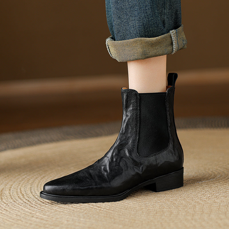 Women's Wrinkled Leather Chelsea Boots Pointed Toe Soft Sheepskin Elastic Slip-on Ankle Booties