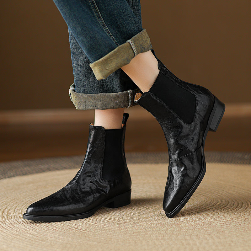 Women's Wrinkled Leather Chelsea Boots Pointed Toe Soft Sheepskin Elastic Slip-on Ankle Booties