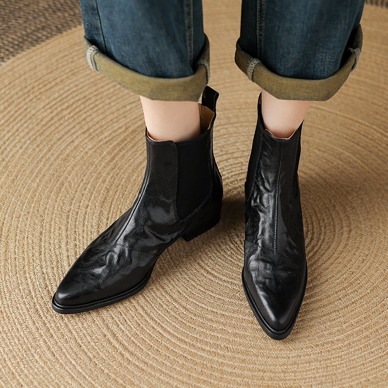 Women's Wrinkled Leather Chelsea Boots Pointed Toe Soft Sheepskin Elastic Slip-on Ankle Booties