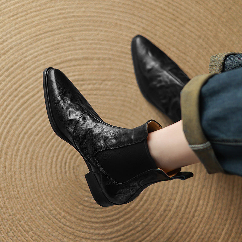 Women's Wrinkled Leather Chelsea Boots Pointed Toe Soft Sheepskin Elastic Slip-on Ankle Booties