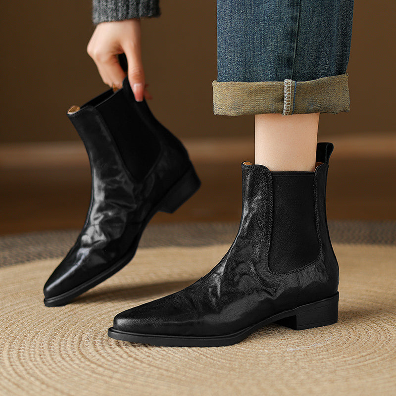 Women's Wrinkled Leather Chelsea Boots Pointed Toe Soft Sheepskin Elastic Slip-on Ankle Booties