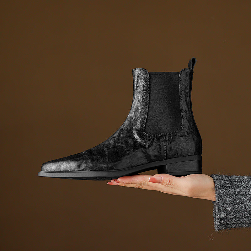 Women's Wrinkled Leather Chelsea Boots Pointed Toe Soft Sheepskin Elastic Slip-on Ankle Booties