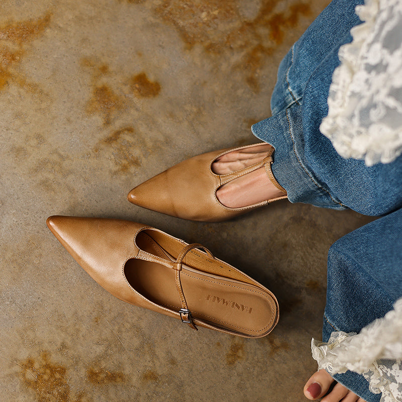 Womens Pointed Toe T-Strap Leather Mules Vintage Kitten Heel Slip-on Sandals