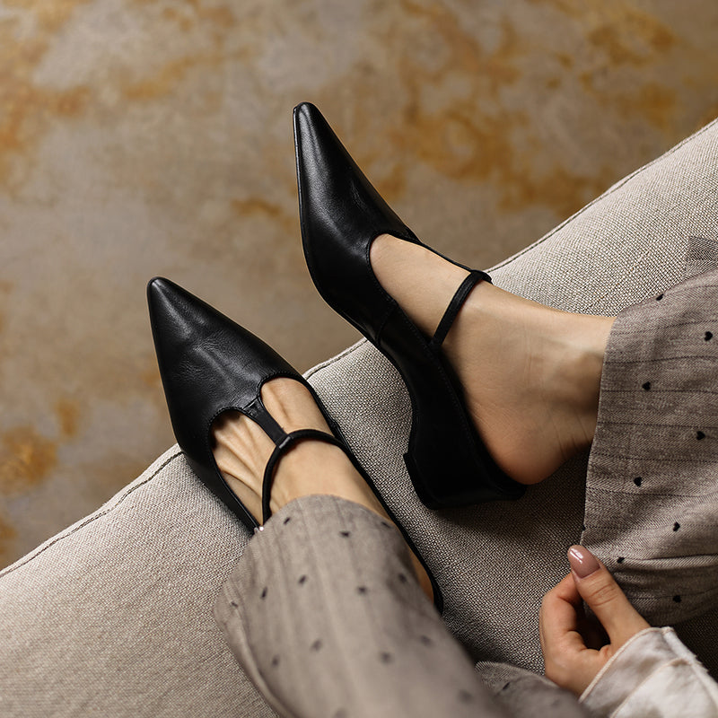 Womens Pointed Toe T-Strap Leather Mules Vintage Kitten Heel Slip-on Sandals
