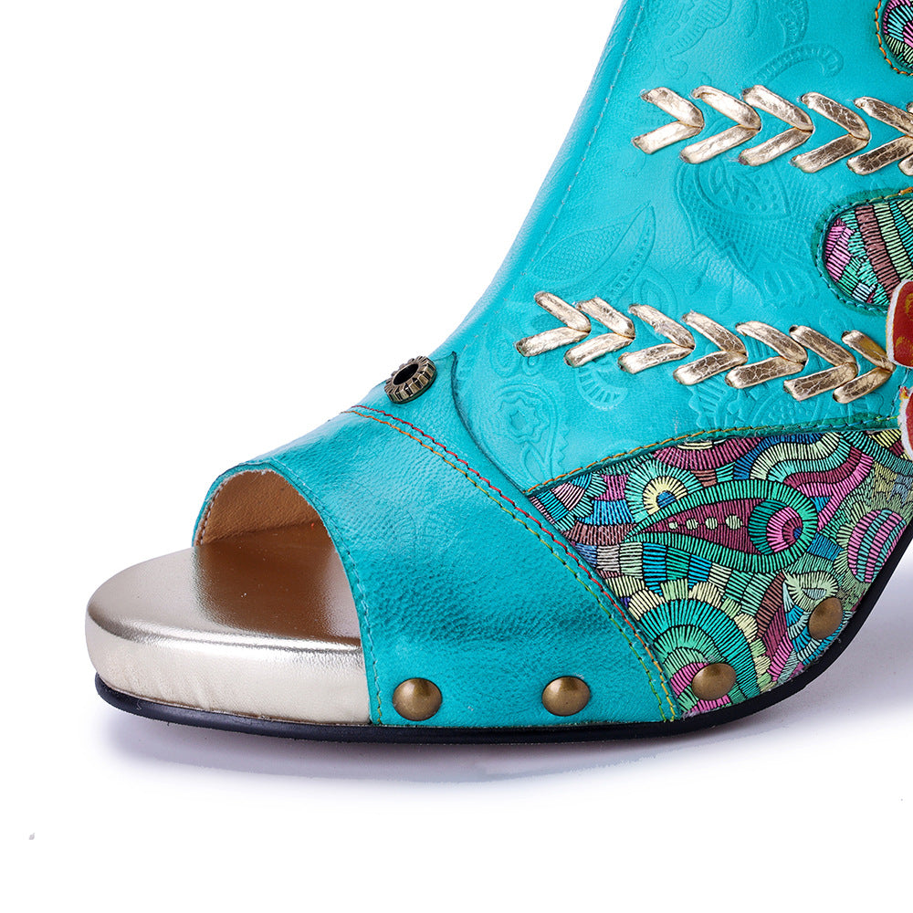 Bohemian Floral Sheepskin Booties for Women - Peep Toe Summer Sandals