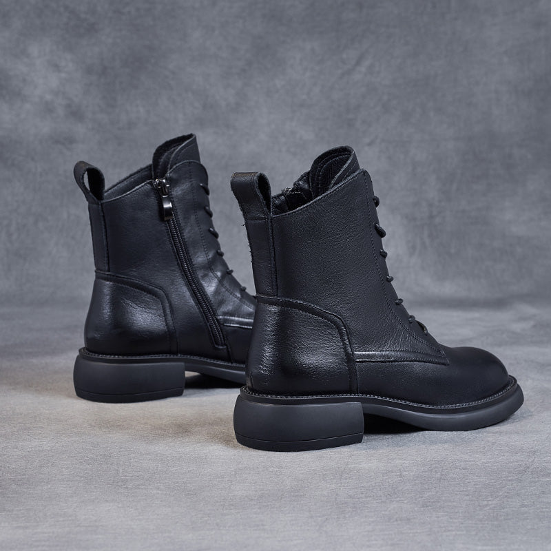 Women's Leather Vintage Zipper Lace Up Block Heel Ankle Boots