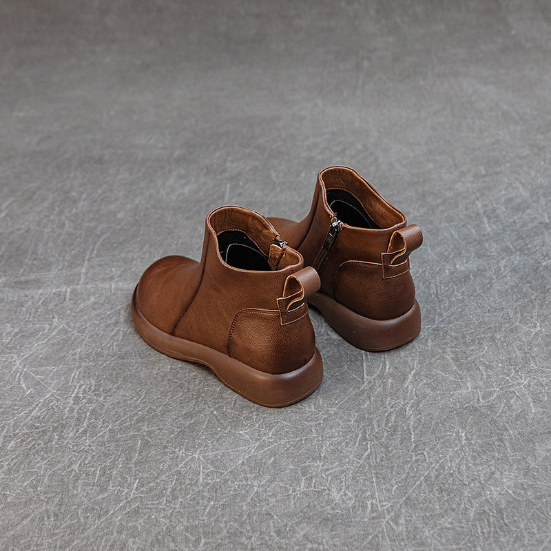 Women's Comfortable Leather Ankle Boots – Low Heel with Side Zipper