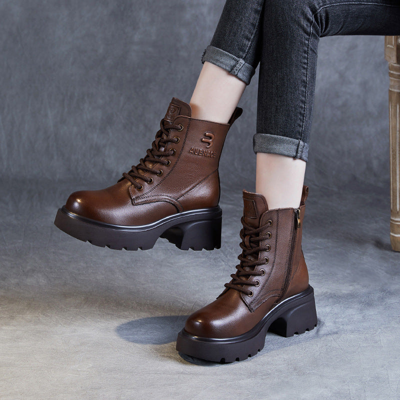 Women's Genuine Leather Lightweight Ankle Boots – Platform Chunky Heel